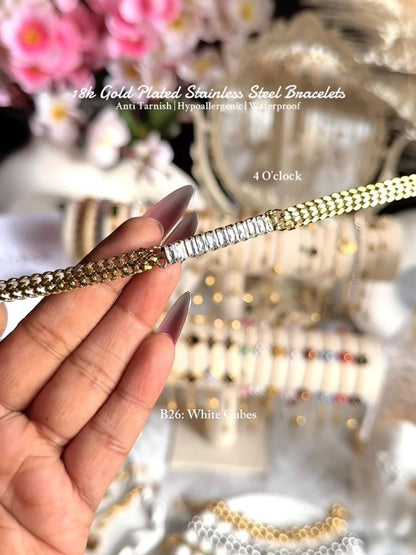 ⚜️B26: 18k Gold Plated Stainless Steel Minimalist Bracelet:White Cubes✨