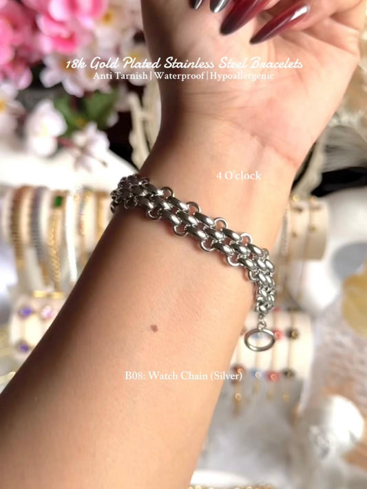 ⚜️B08: 18k Gold Plated Stainless Steel Minimalist Bracelet:Watch Chain (Silver)✨