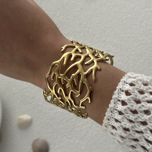 ✨HC139: 18k Gold Plated Stainless Steel Handcuff for Stack: Coral Cuff (Golden)✨
