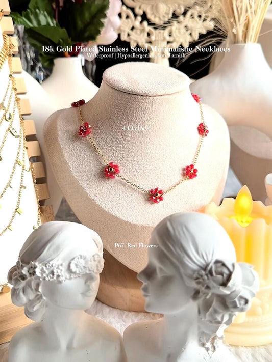 ✨P67: 18k Gold Plated Stainless Steel Pendant:Red Flowers✨