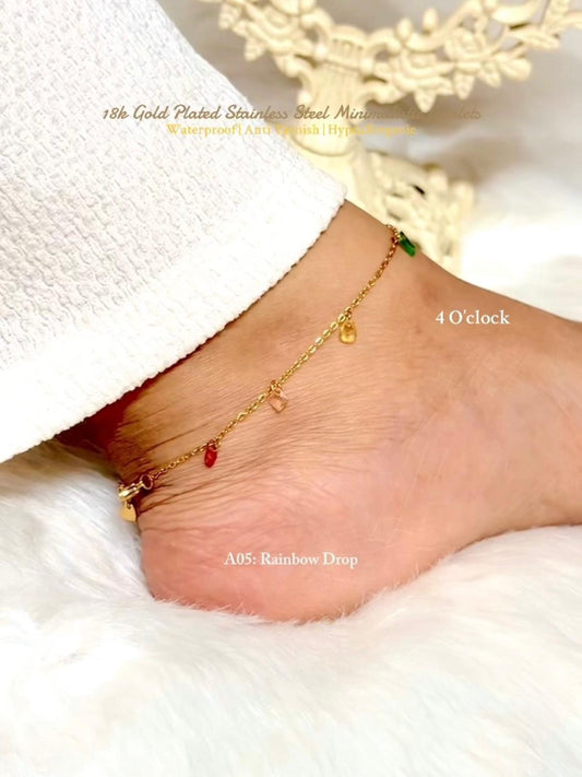 ✨A05: 18k Gold Plated Stainless Steel Anklet:Rainbow Drop✨