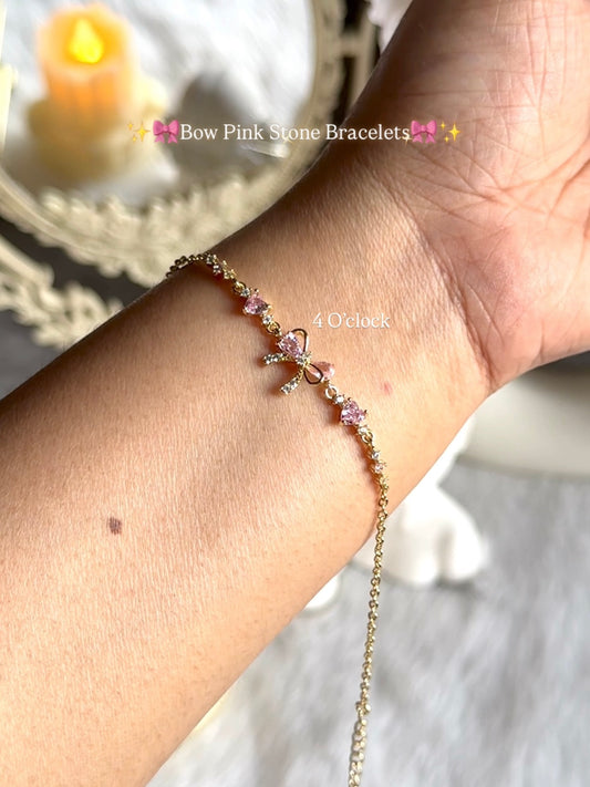 Golden: ✨🎀Bow Pink Stone Bracelet🎀✨ (Without box)