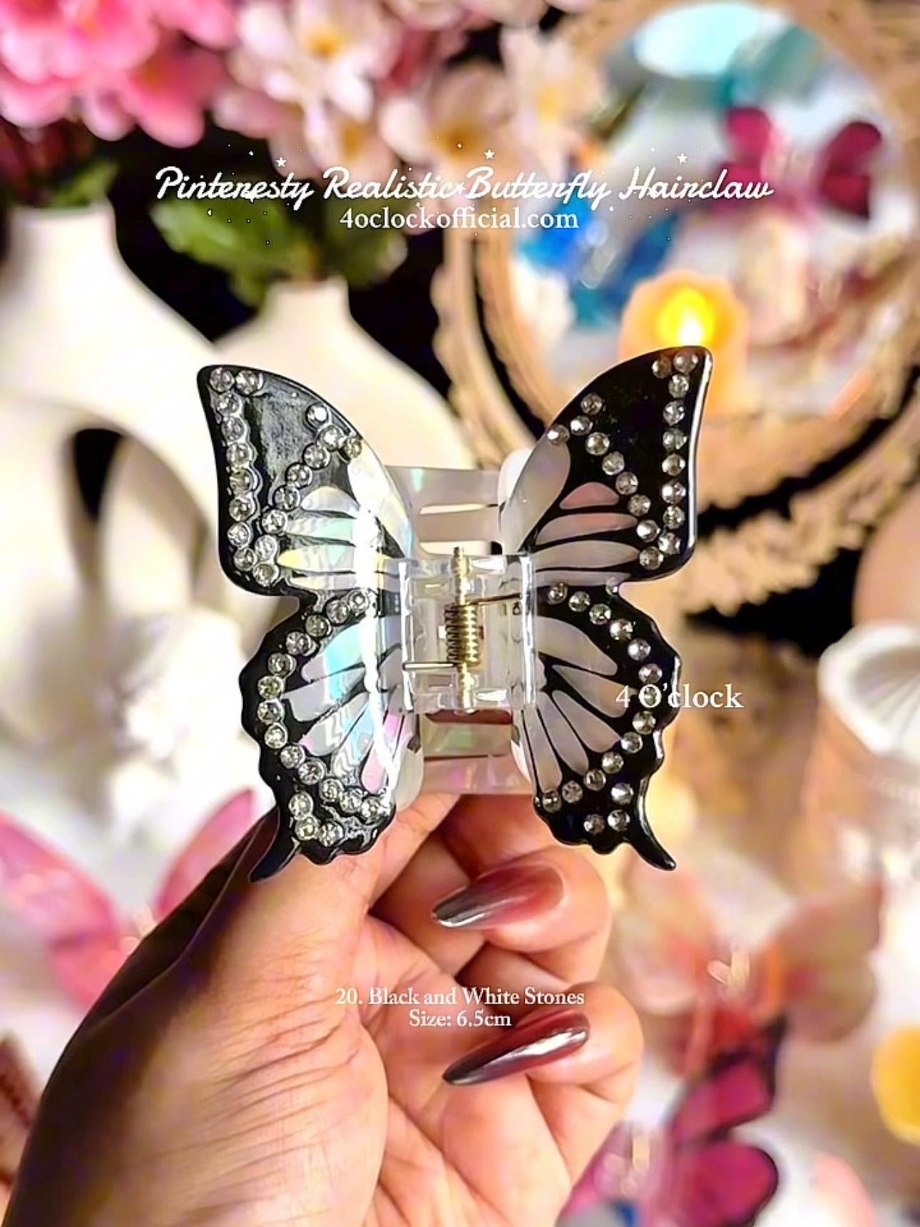 🦋🌿20. Realistic Butterfly Hair Claw – Black and White Stones🌸🍃