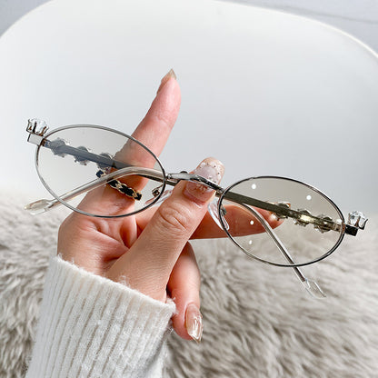 S38: Pinteresty Y2K Diamond Metal Oval Sunglasses - Transparent + Silver (with box)