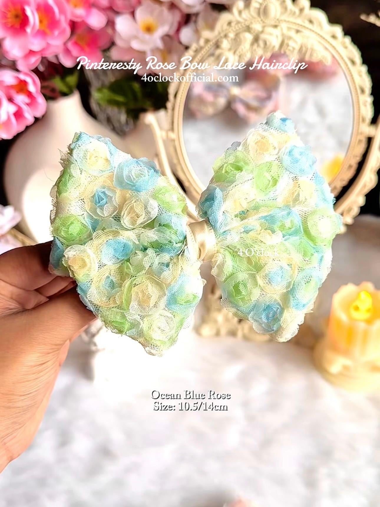 💐Pinteresty 3D Rose Bow Lace Hairclip - Ocean Blue Rose✨