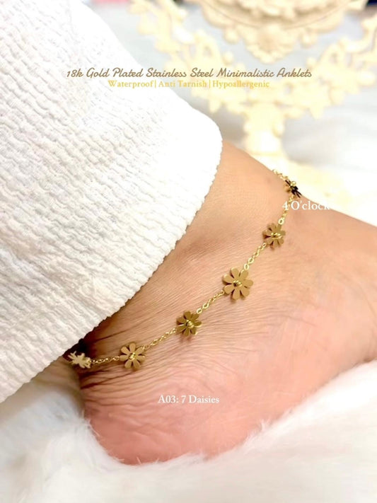 ✨A03: 18k Gold Plated Stainless Steel Anklet: 7 Daisies✨