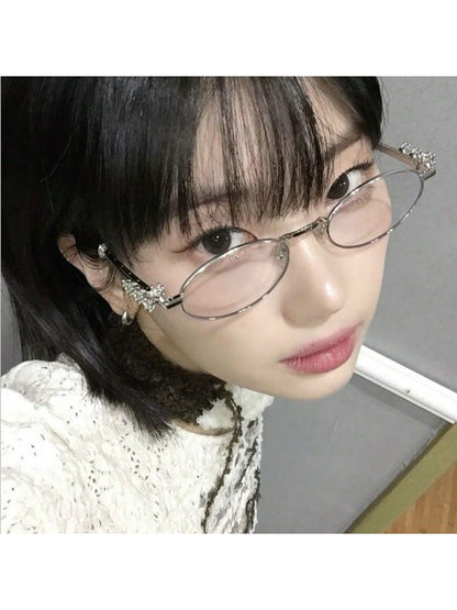 S37: Pinteresty Y2K Diamond Metal Oval Sunglasses - Transparent + Golden (with box)