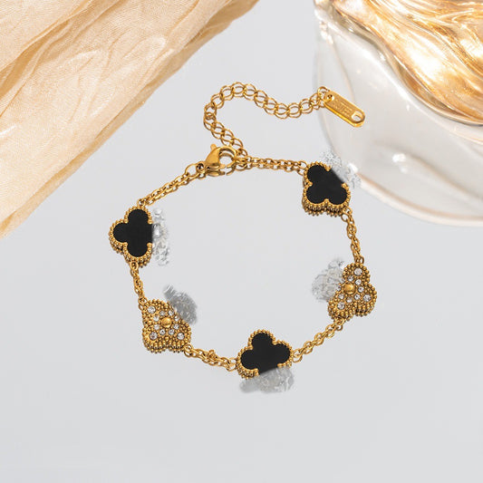 ⚜️B79: 18k Gold Plated Stainless Steel Minimalist Bracelet: Golden Black Clover✨