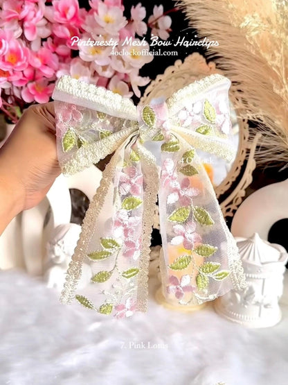 🎀💌7. Pinteresty Mesh Bow Floral Embroidery Hairclip - Pink Lotus  🌸✨