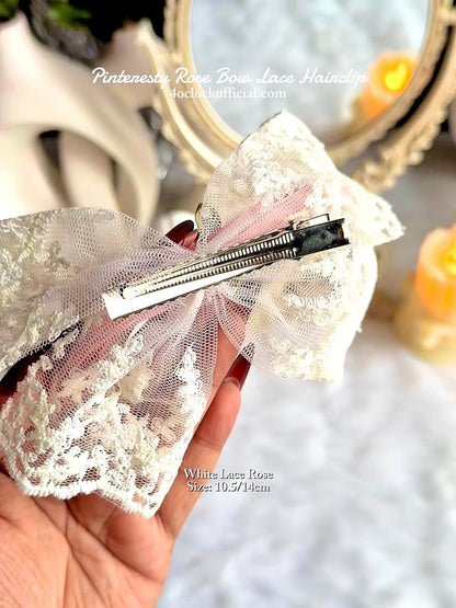 💐Pinteresty 3D Rose Bow Lace Hairclip - White Lace Rose✨