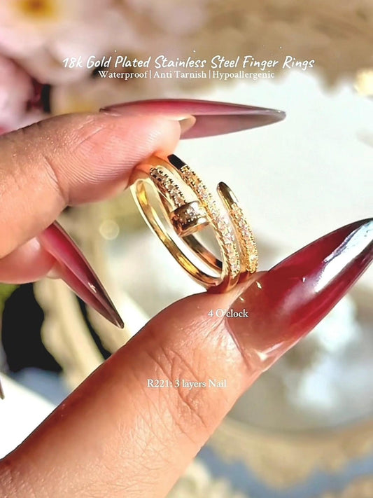 💍R221: 18k Gold Plated Stainless Steel Finger Rings: 3 Layers Nail✨ (With Box)