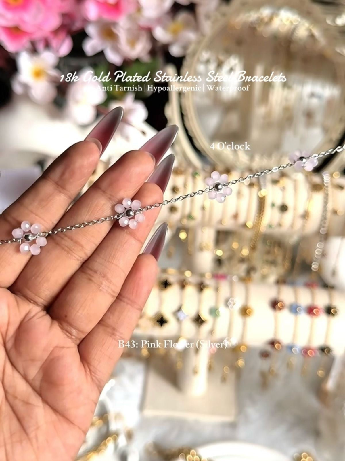 ⚜️B43: 18k Gold Plated Stainless Steel Minimalist Bracelet:Pink Flower (Silver)✨