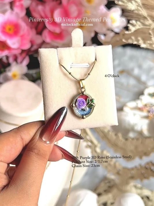 🫧P09:Pinteresty 3D Vintage Pendants: Purple 3D Rose(Stainless Steel) ✨