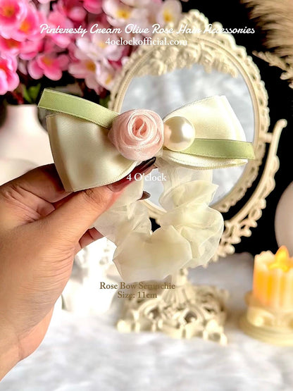 🌸Pinteresty Cream Olive Lace Pearl Rose Big Scrunchie 🫧