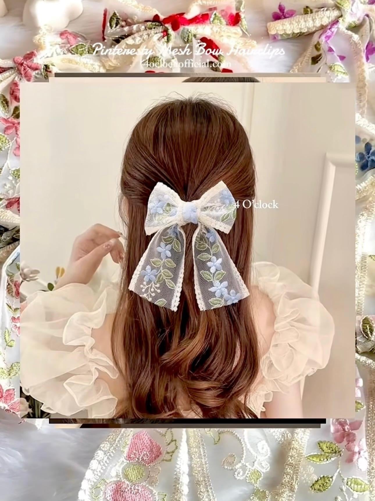 🎀💌8. Pinteresty Mesh Bow Floral Embroidery Hairclip - Pink Lotus  🌸✨
