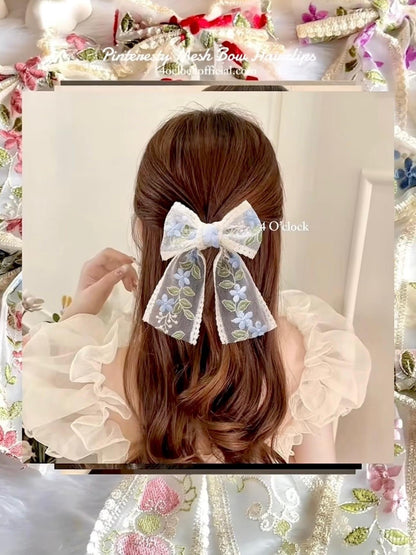 🎀💌8. Pinteresty Mesh Bow Floral Embroidery Hairclip - Pink Lotus  🌸✨