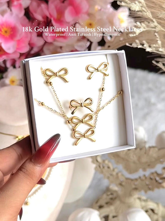 ✨18k Gold Plated Stainless Steel Set: Golden Bow Set (With Box)✨
