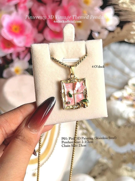 🫧P01:Pinteresty 3D Vintage Pendants: Pink 3D Painting (Stainless Steel) ✨