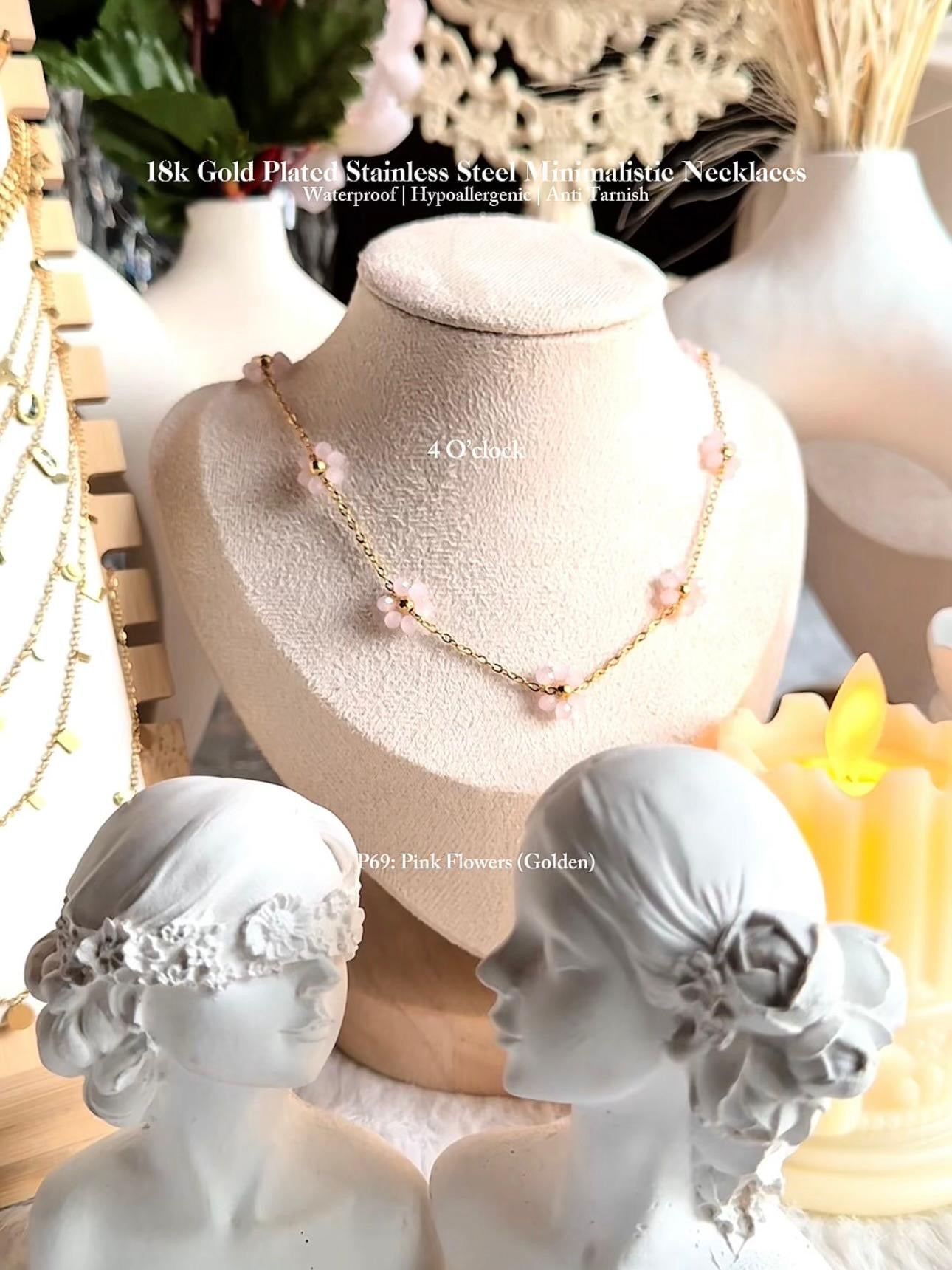 ✨P69: 18k Gold Plated Stainless Steel Pendant:Pink Flowers (Golden)✨