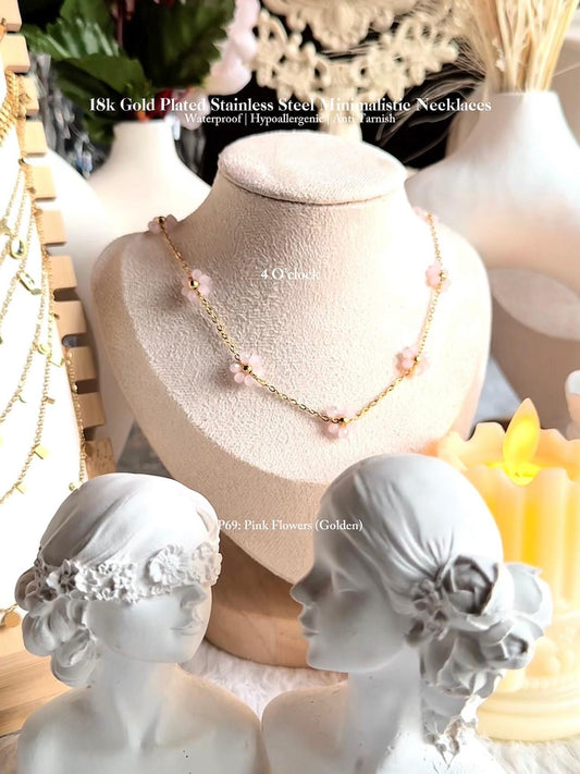 ✨P69: 18k Gold Plated Stainless Steel Pendant:Pink Flowers (Golden)✨