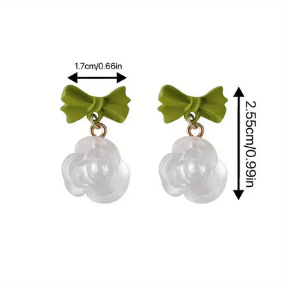 🫰🏻Korean Earrings: Green Bow Rose🌹🌿