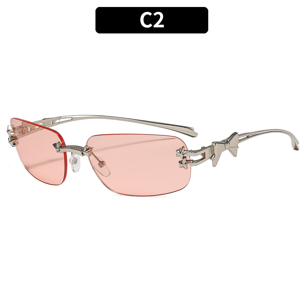 S17: Pinteresty Rimless Y2K Bow sunglasses: Pink + Grey (with box)