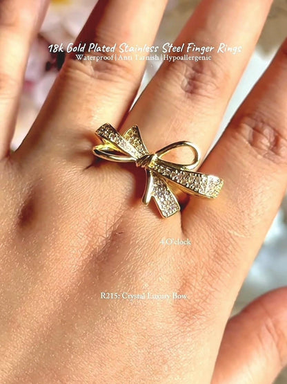 💍R215: 18k Gold Plated Stainless Steel Finger Rings: Crystal Luxury Bow✨ (With Box)