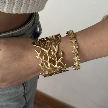 ✨HC139: 18k Gold Plated Stainless Steel Handcuff for Stack: Coral Cuff (Golden)✨