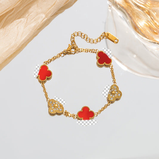 ⚜️B81: 18k Gold Plated Stainless Steel Minimalist Bracelet: Golden Red Clover✨