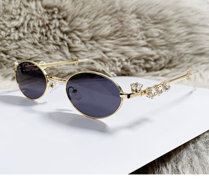 S34: Pinteresty Y2K Diamond Metal Oval Sunglasses - Black + Silver (with box)