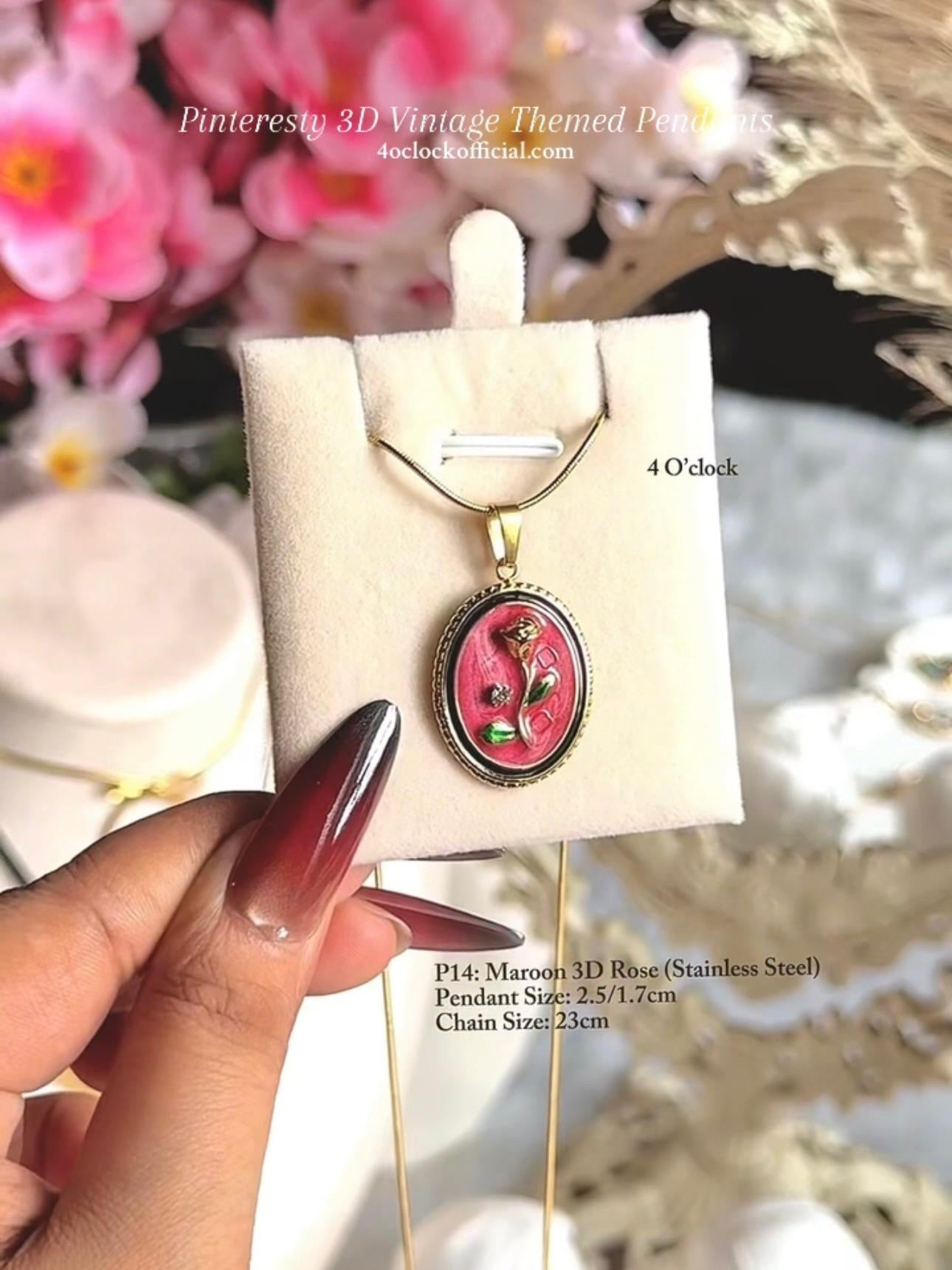 🫧P14:Pinteresty 3D Vintage Pendants: Maroon 3D Rose(Stainless Steel) ✨