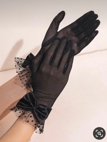 Vintage Mesh Handgloves: Black Bow (Black) - 1pair🖤🎀✨