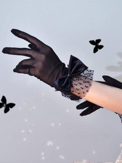 Vintage Mesh Handgloves: Black Bow (Black) - 1pair🖤🎀✨