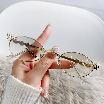 S37: Pinteresty Y2K Diamond Metal Oval Sunglasses - Transparent + Golden (with box)