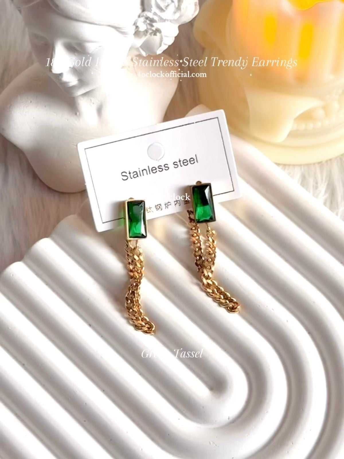 ✨Stainless Steel Earrings:Green Tassel✨