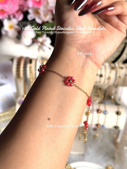 ⚜️B40: 18k Gold Plated Stainless Steel Minimalist Bracelet:Hotpink Flower✨