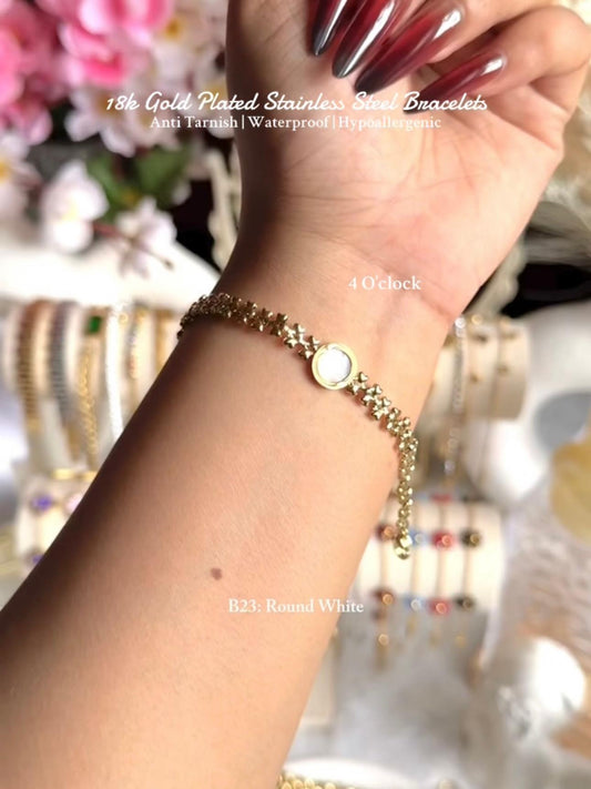⚜️B23: 18k Gold Plated Stainless Steel Minimalist Bracelet:Round White✨