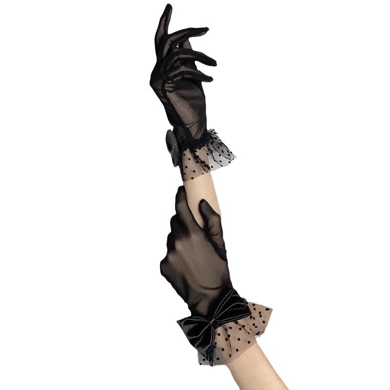 Vintage Mesh Handgloves: Black Bow (Black) - 1pair🖤🎀✨