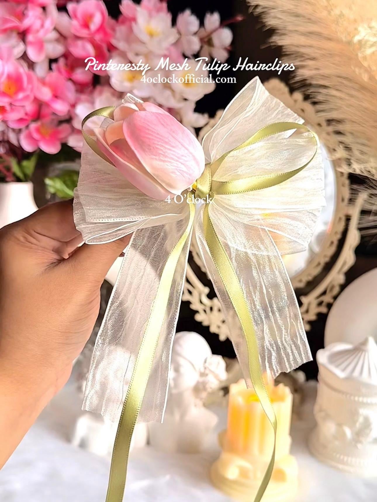 🌷🌸Pinteresty Realistic Tulip Mesh Bow Hairclip - Pink🎀💐