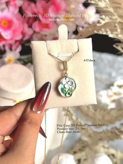 🫧P16:Pinteresty 3D Vintage Pendants: Cyan 3D Daisy (Titanium Steel) ✨