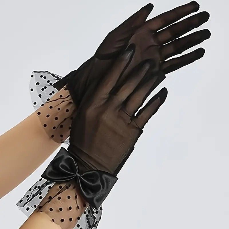 Vintage Mesh Handgloves: Black Bow (Black) - 1pair🖤🎀✨