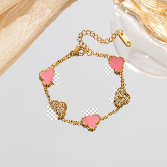 ⚜️B82: 18k Gold Plated Stainless Steel Minimalist Bracelet: Golden Pink Clover✨