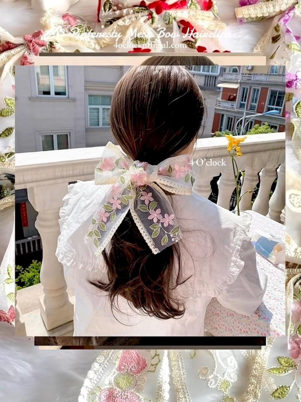 🎀💌7. Pinteresty Mesh Bow Floral Embroidery Hairclip - Pink Lotus  🌸✨