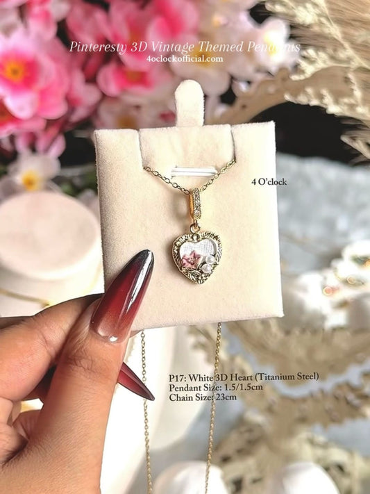 🫧P17:Pinteresty 3D Vintage Pendants: White 3D Heart (Titanium Steel) ✨