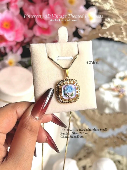 🫧P11:Pinteresty 3D Vintage Pendants: Blue 3D Rose(Stainless Steel) ✨