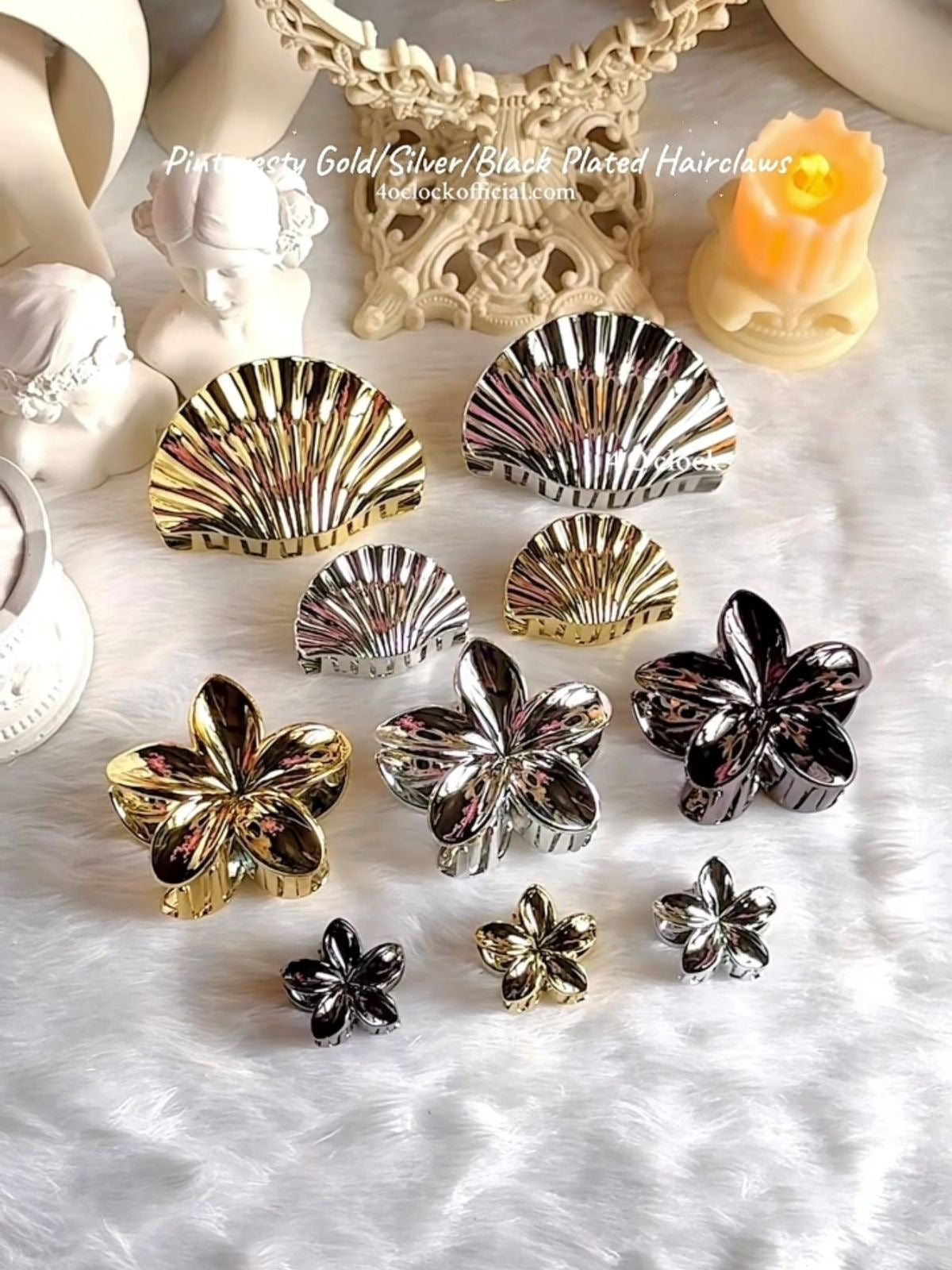 🐚Pinteresty Plumeria Glow Hair Claws: Silver - Glossy (Big)🦀✨