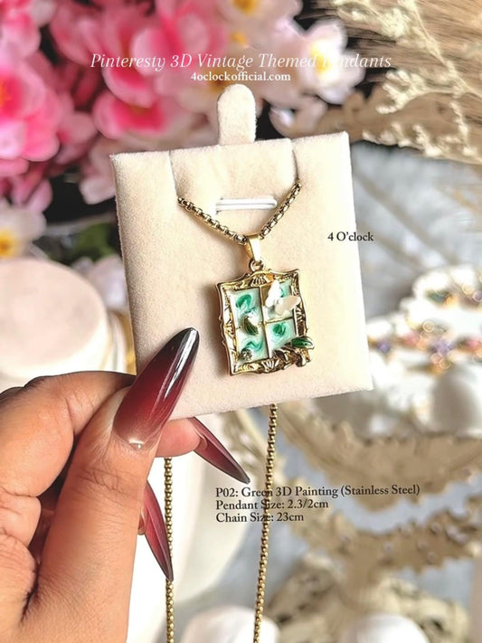 🫧P02:Pinteresty 3D Vintage Pendants: Green 3D Painting(Stainless Steel) ✨