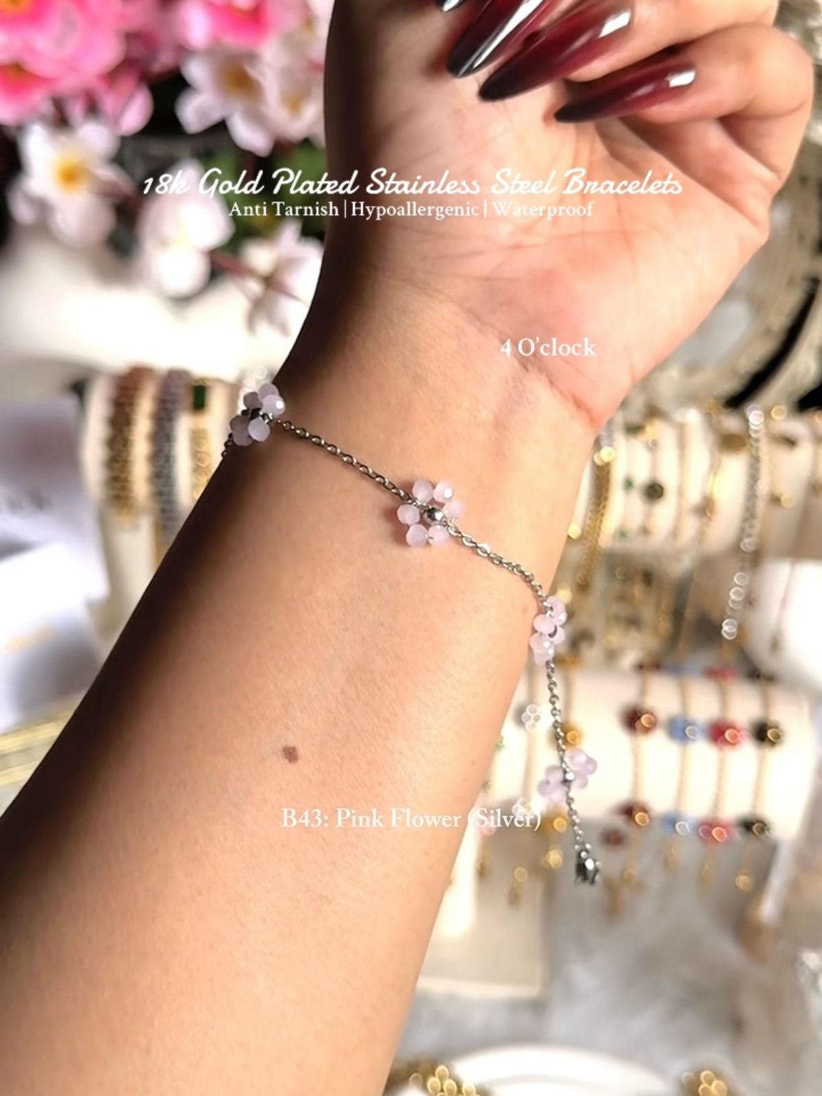 ⚜️B43: 18k Gold Plated Stainless Steel Minimalist Bracelet:Pink Flower (Silver)✨
