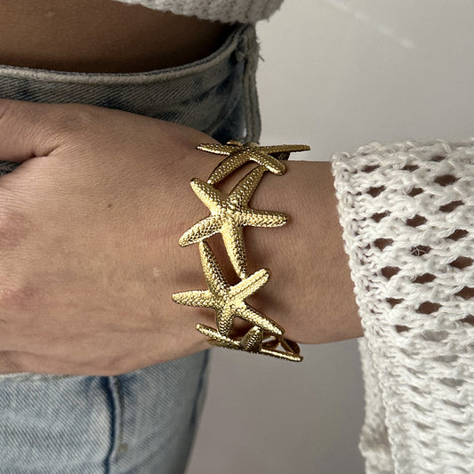 ✨HC140: 18k Gold Plated Stainless Steel Handcuff for Stack: Starfish Cuff (Golden)✨