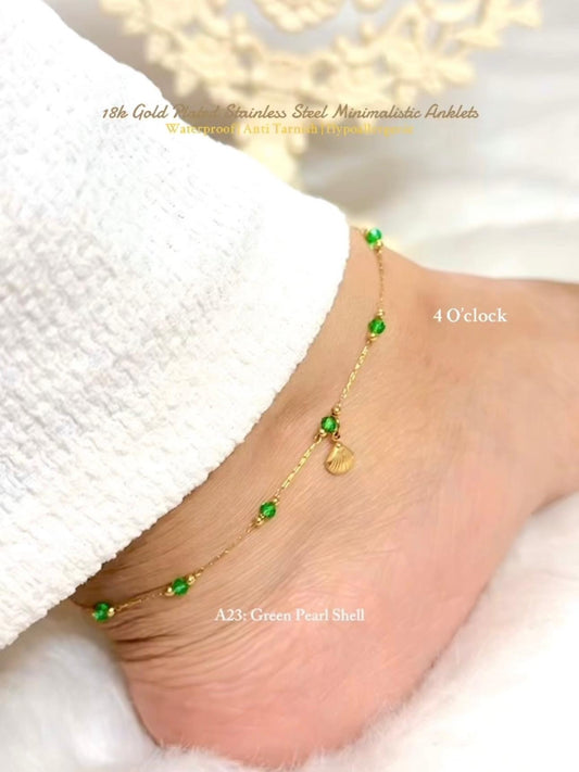 ✨A23: 18k Gold Plated Stainless Steel Anklet:Green Pearl Shell✨